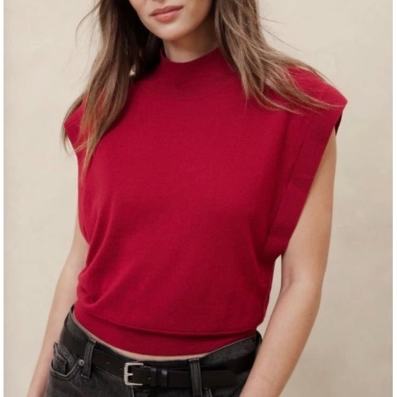 Banana Republic Red Merino Wool Mock Neck Sleeveless Sweater Top Large - Picture 1 of 9